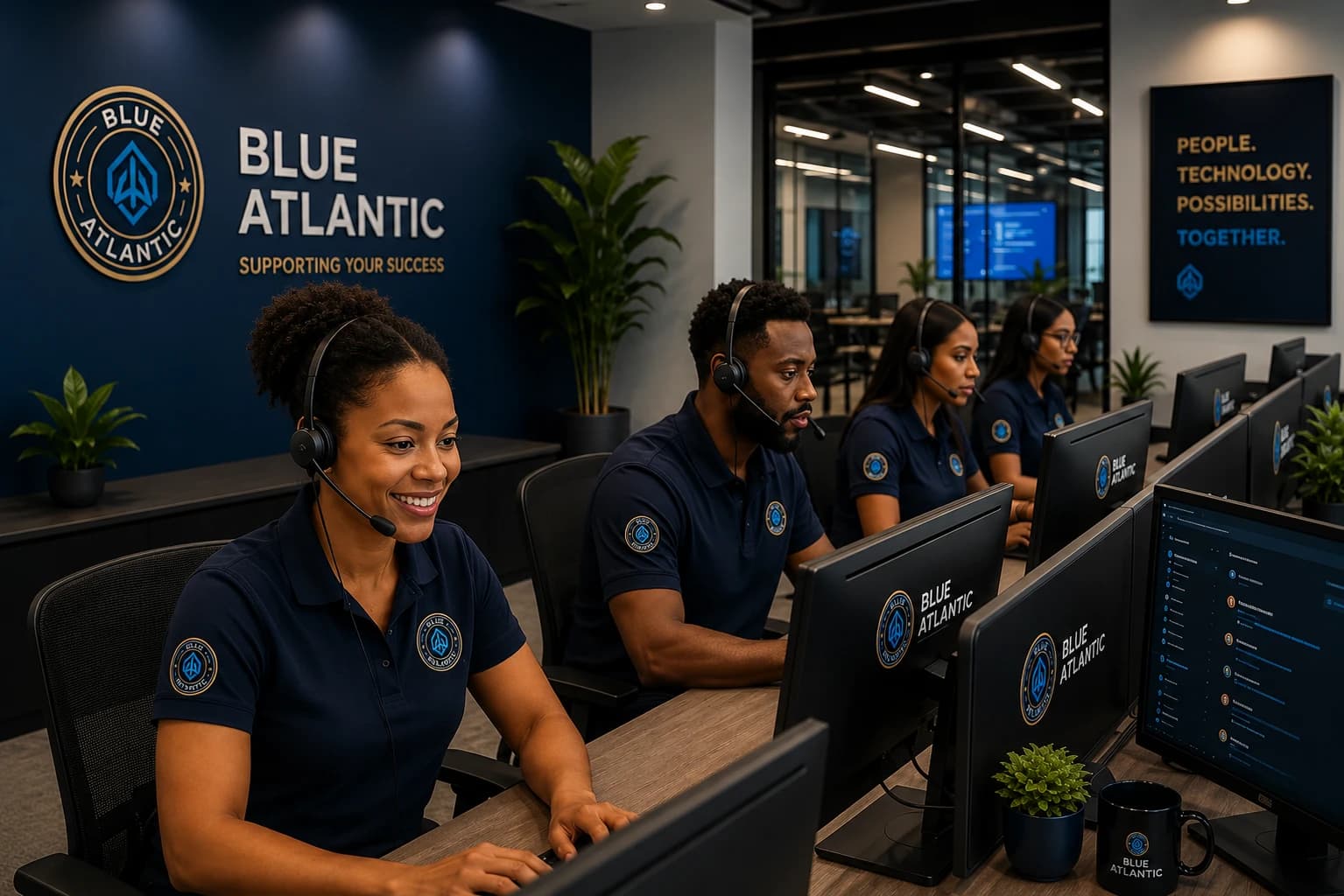 Blue Atlantic support professionals collaborating with headsets and enterprise systems in a modern office.