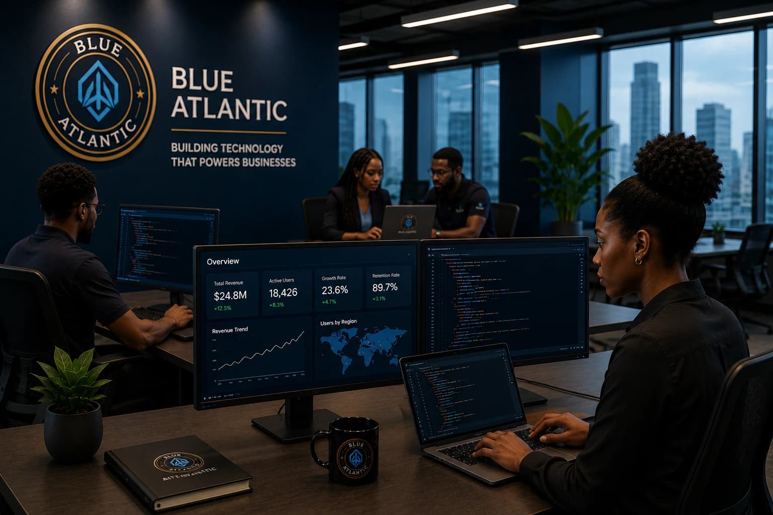 Blue Atlantic software development team working with enterprise dashboards and technology systems.